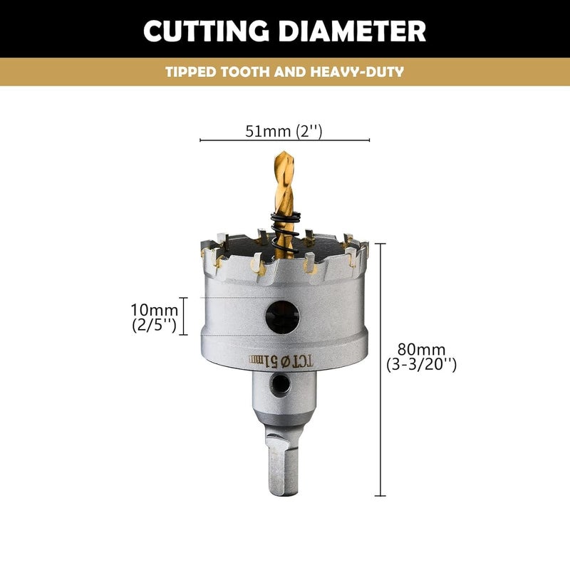 dashap 2''(51mm) TCT Hole Saw Kit,Tungsten Carbide Hole Saw Drill Bit with Titanium-Plated Pilot Drill bit for Hard Metal,Alloy,Aluminum,Stainless Steel,Plastic,Iron - Image 2